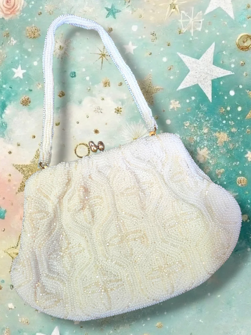 Ivory Beaded Evening Clutch with Pearl Handle